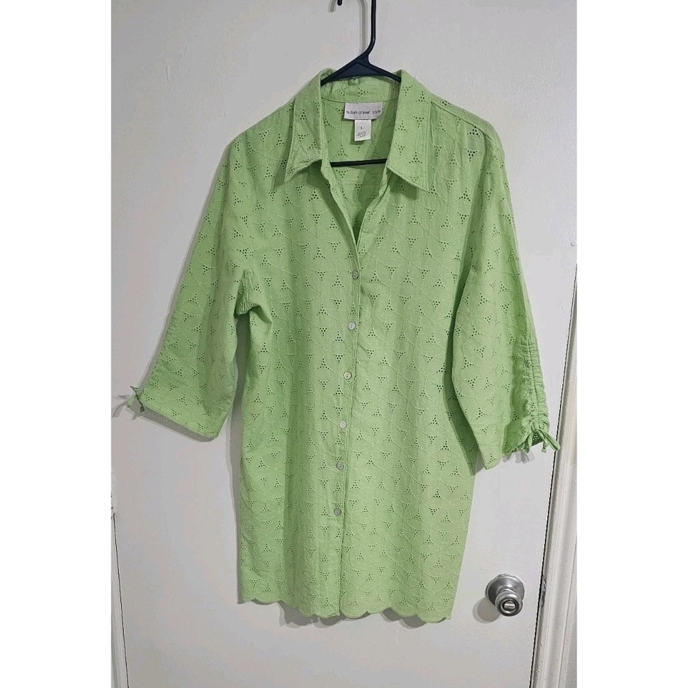 Susan Graver Button Down‎ Shirt Womens Large Green Eyelet Cinched Sleeve Cruise